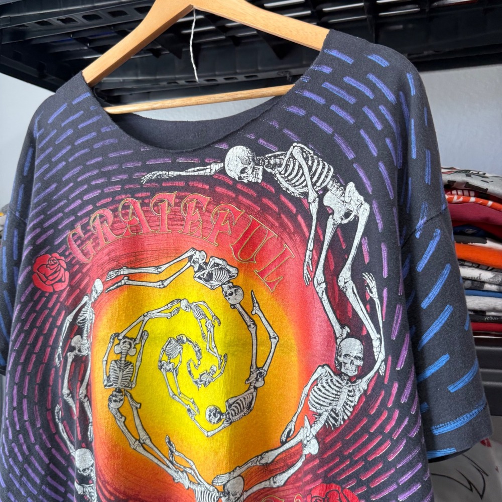 Vintage 90s Black Grateful Dead Spiral Skeletons All Over Print T-Shirt XL - Picture 5 of 6
